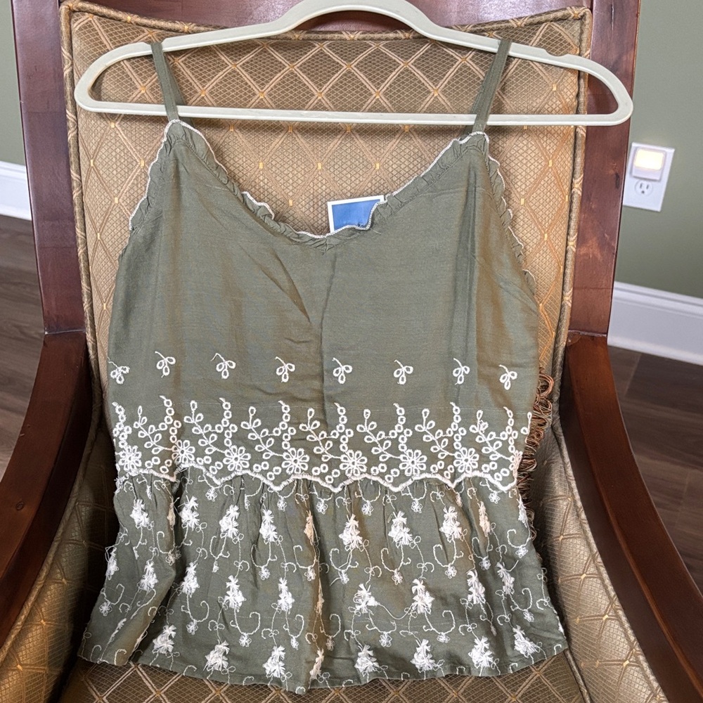 Green and White Embroidered Tank Top